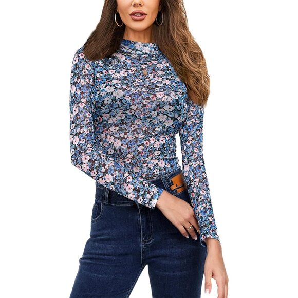 Women Light Blue Floral Long Sleeve Mock Neck Fitted Sexy See Through Mesh Tops - Picture 1 of 7